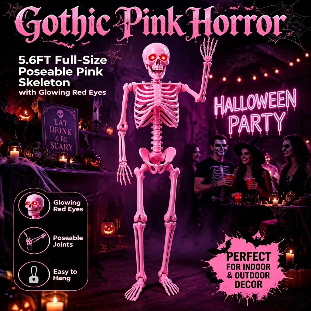 Pink Full Body Posable Skeleton/Sound Activated - Image 1